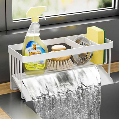 Kitchen Sink Caddy Organzier with Sponge Holder and Removable Drip Tray for Kitchen Sink, 304 Stainless Steel Organize for Sponge Soap Dish Brush Storage Accessories(Black)