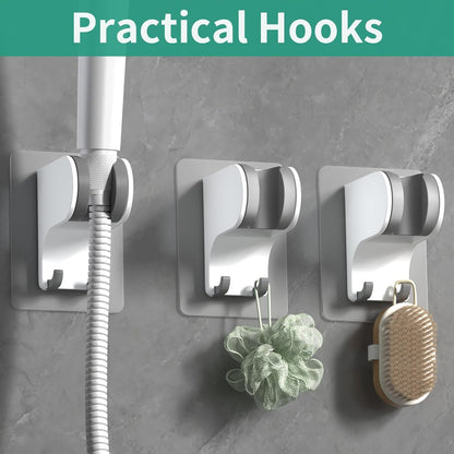 Hand Held Shower Head Holder Wall Mount, Shower Hose Holder Adhesive with 2 Hanger Hooks, Adjustable Shower Handle Holder, No Drilling Shower Wand Holder (‎Chrome, 1 Pack)