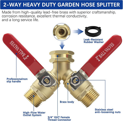 Hose Splitter 2 Way Heavy Duty, Full Flow Garden Hose Splitter with Large Easy-Turn Handle, 3/4 Inch GHT Brass Water Hose Splitter for Outdoor Faucet, Y Valve Hose Bib Splitter