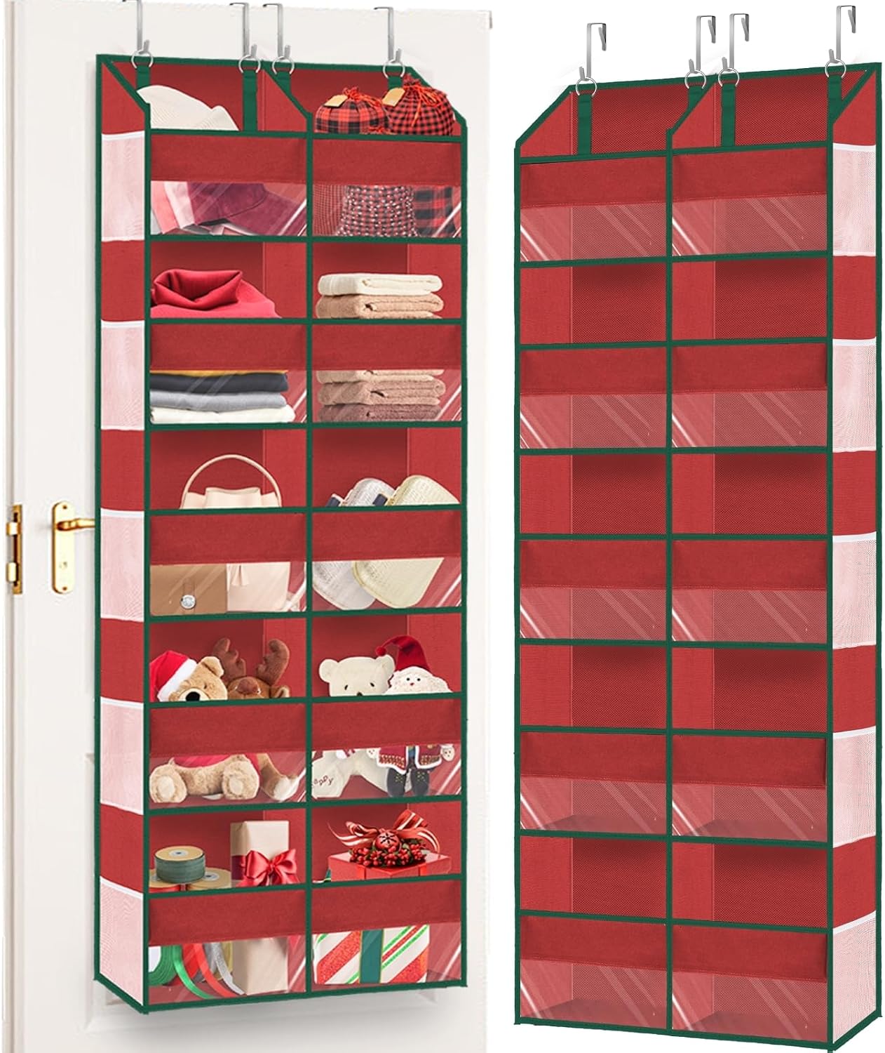 Over The Door Organizer, 5-Tier Extra Large Behind Door Storage with 10 Big Front & 10 Mesh Pockets, 80lb Capacity, Hanging Storage Organizer with Clear Window Kids Toys, Shoes, Diapers, Light Grey