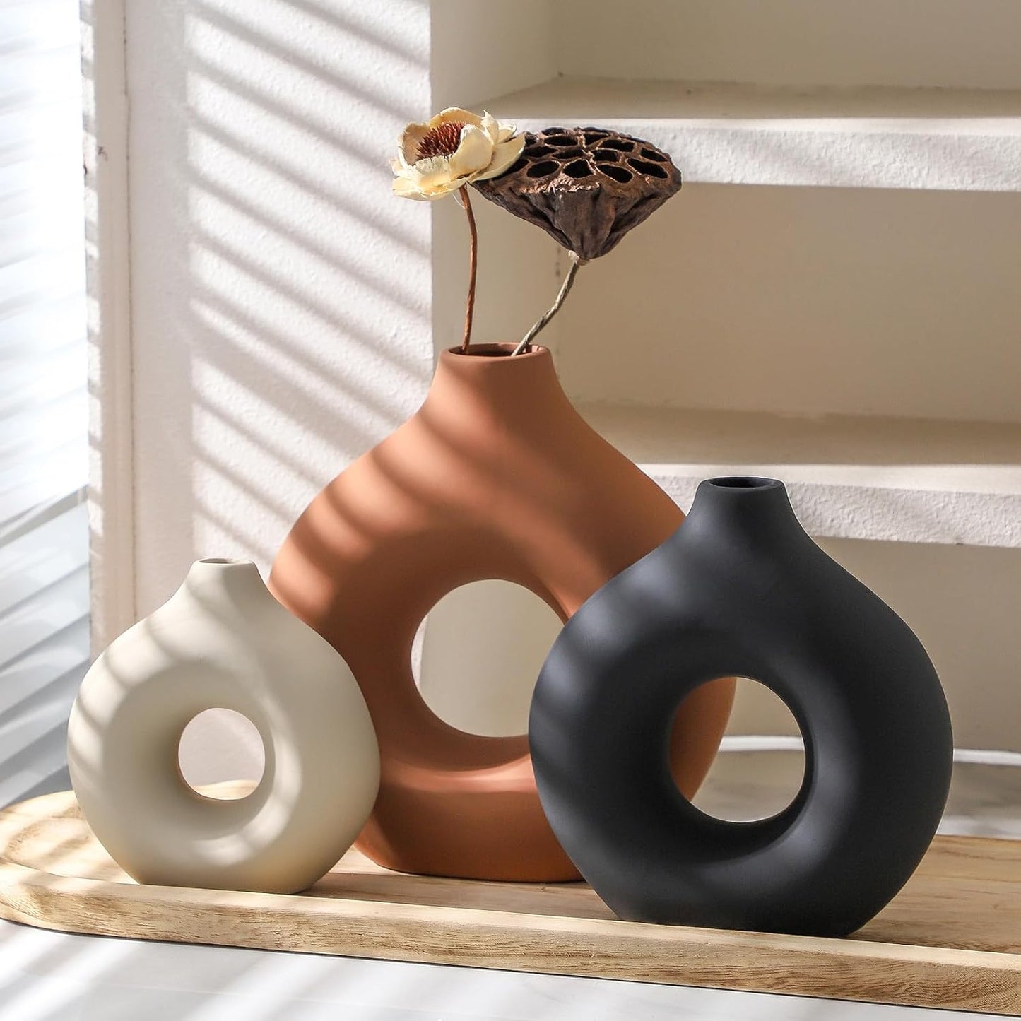 Vanselia Ceramic Vase Home Table Decor - Flower Vases Set of 3 Small Living Room Centerpiece Decorations for Shelf Bedroom Office Kitchen Dining Desk Modern Aesthetic Farmhouse Decorative (Classic)