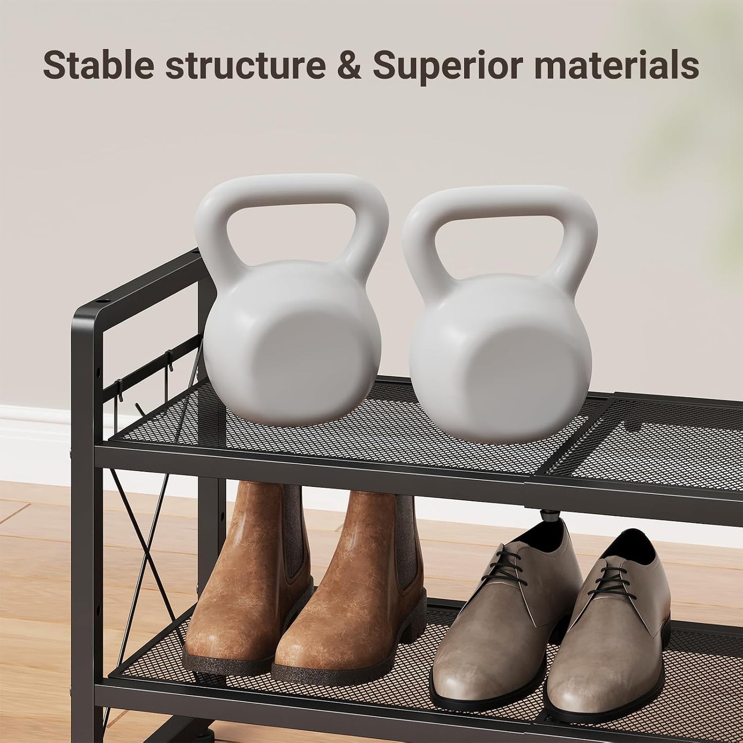 ELYKEN Shoe Rack, 2-Tier Expandable Shoe Organizer for Closet, Metal Black Shoe Shelf with 4 Hooks, Adjustable Shoe Stand Holder for Entryway, Garage, Door Entrance