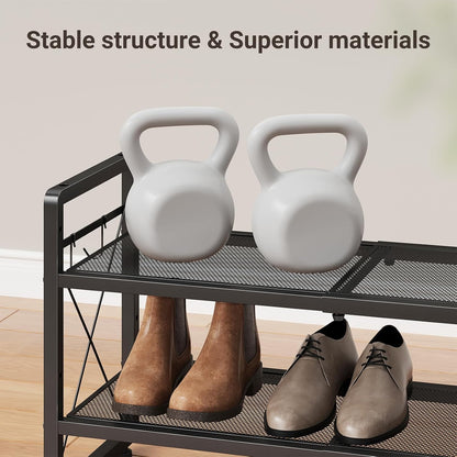 ELYKEN Shoe Rack, 2-Tier Expandable Shoe Organizer for Closet, Metal Black Shoe Shelf with 4 Hooks, Adjustable Shoe Stand Holder for Entryway, Garage, Door Entrance