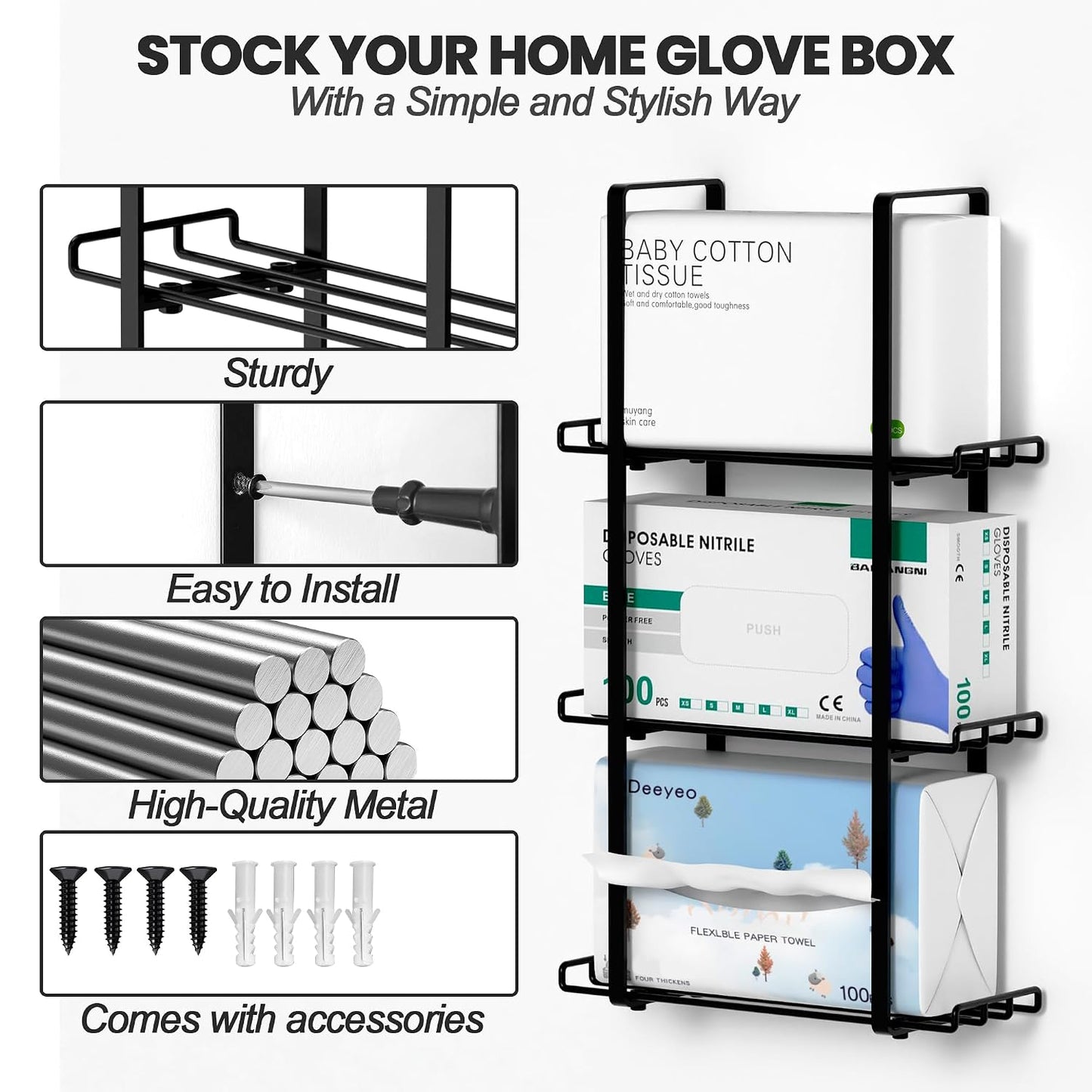Glove Holder Dispenser for Wall Mount Metal Disposable Latex Glove Box Holder for Home Office, Lab and Garage, Tissue Wire Rack Wall-Mounted for Kitchen Organizer Decor, Blak