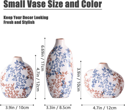 Small Ceramic Vase Set of 3,Bulk Mini Bud Vases for Flowers and Pampas Grass,Cute Boho Ellipse Home Decor for Coffee Table Centerpieces,Living Room,Office,Bookshelf,Entryway Decor (Green Floral)