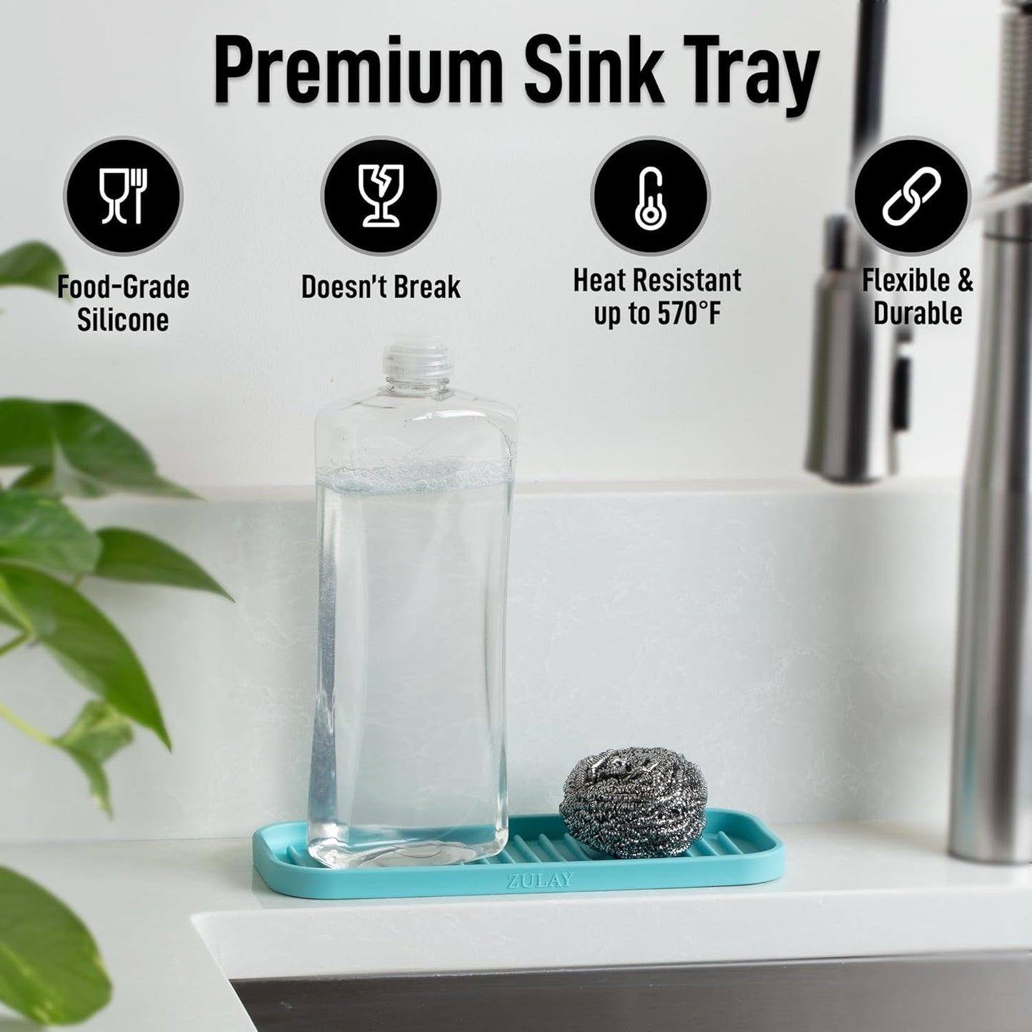 Zulay Kitchen (9x3.5in) Sponge Holder for Kitchen Sink - Flexible Heavy-Duty Multipurpose Sink Caddy - Counter Organizer for Kitchen, Bathroom, Makeup, Trinkets & More! (Grey)