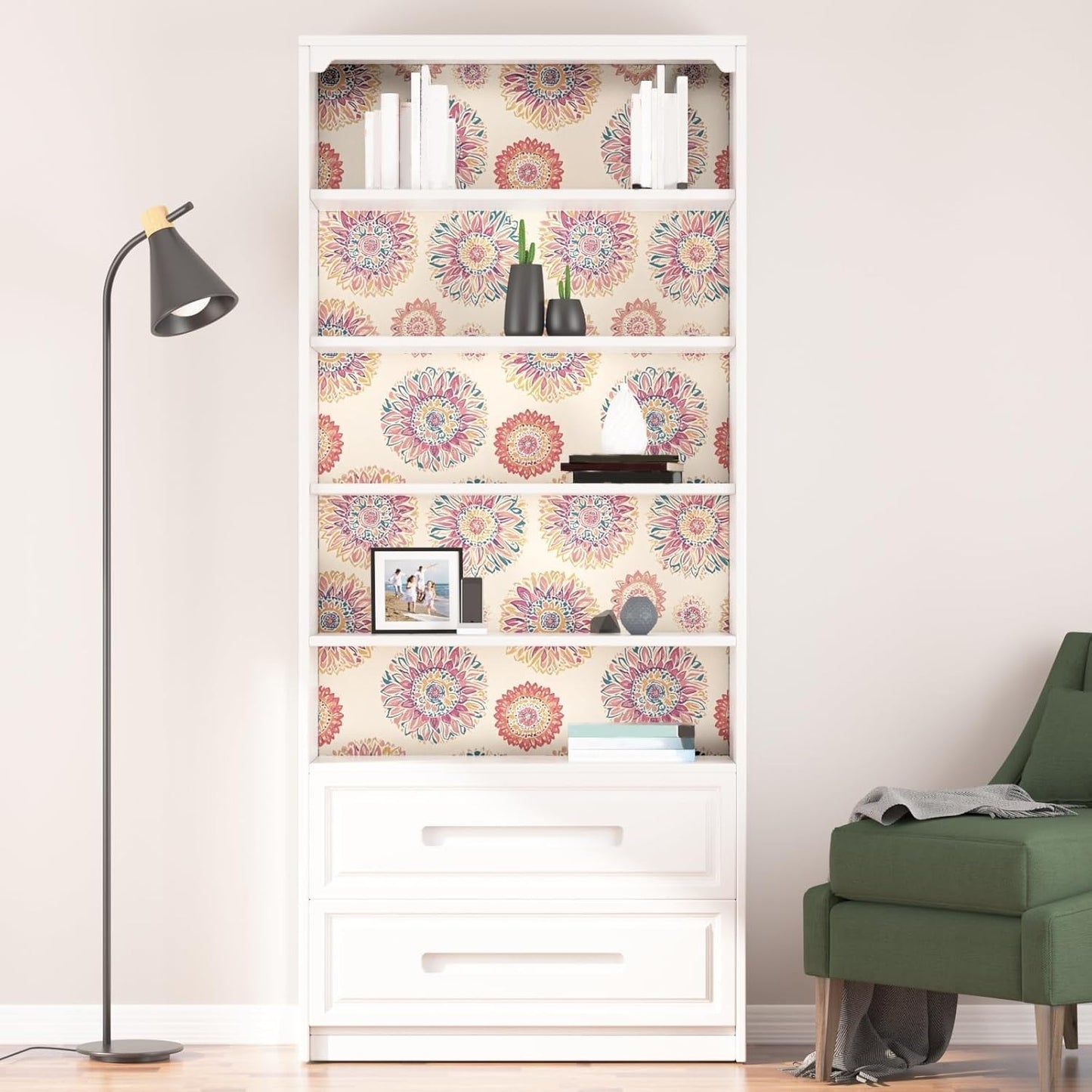 Blue Wallpaper Peel and Stick,Vintage Boho Floral Contact Paper 17.5" x 118", Retro Botanical Flower Wall Paper Self Adhesive Removable Waterproof for Walls Shelves Cabinet Table (Blue,Yellow, Green)