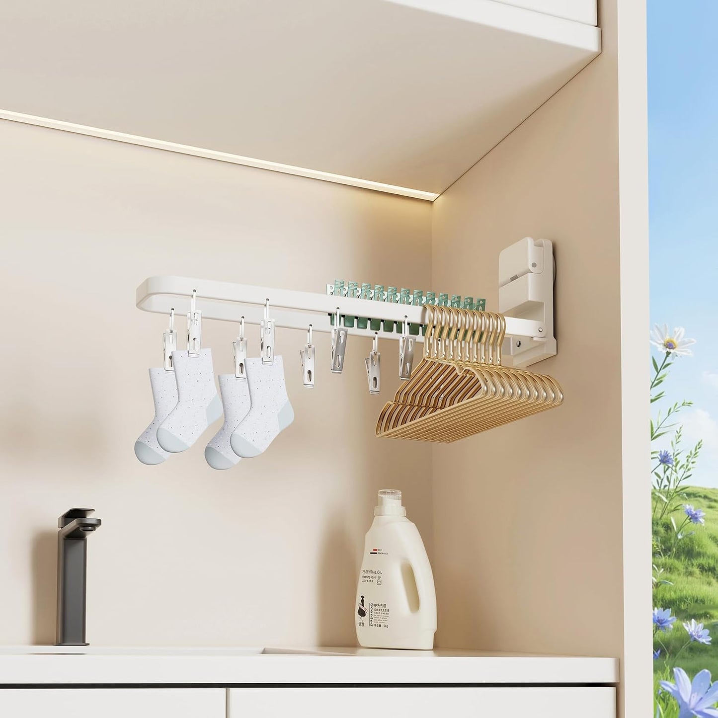 2 Pack Wall Mounted Suction Cup Clothes Drying Rack with 20 Clips, Portable & Collapsible Sock Hanger for Drying Socks, Bras, Underwear, Baby Clothes,Towels