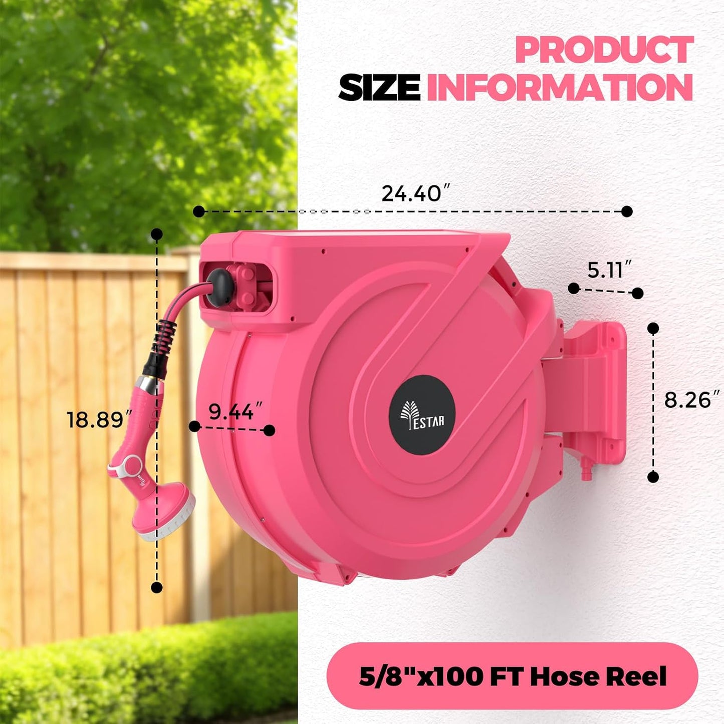 Retractable Garden Hose Reel 5/8 in x100 ft, Heavy Duty Wall Mounted Hose Reel with 10- Function Sprayer Nozzle, Any Length Lock/Automatic Slow Return System,180° Swivel Bracket