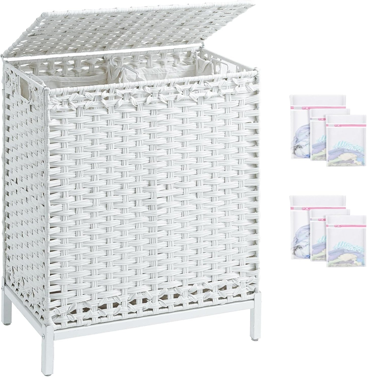 SETVSON Laundry Hamper with Lid 132 L, (35 Gallons) Clothes Hamper with Lid, Handwoven Rattan Laundry Hamper with Metal Heightened Feet, Laundry Hampers with 3 Removable Liner Bags for Laundry-Natural