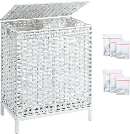 SETVSON Laundry Hamper with Lid 132 L, (35 Gallons) Clothes Hamper with Lid, Handwoven Rattan Laundry Hamper with Metal Heightened Feet, Laundry Hampers with 3 Removable Liner Bags for Laundry-Natural