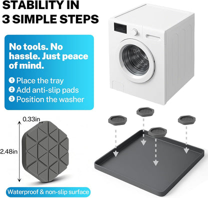 27" X 27" Washer Tray for Floor Protection, Washing Machine Drain Pan Silicone Mat with 4Pcs Anti Vibration Pads for Dryer, Washer, Refrigerator