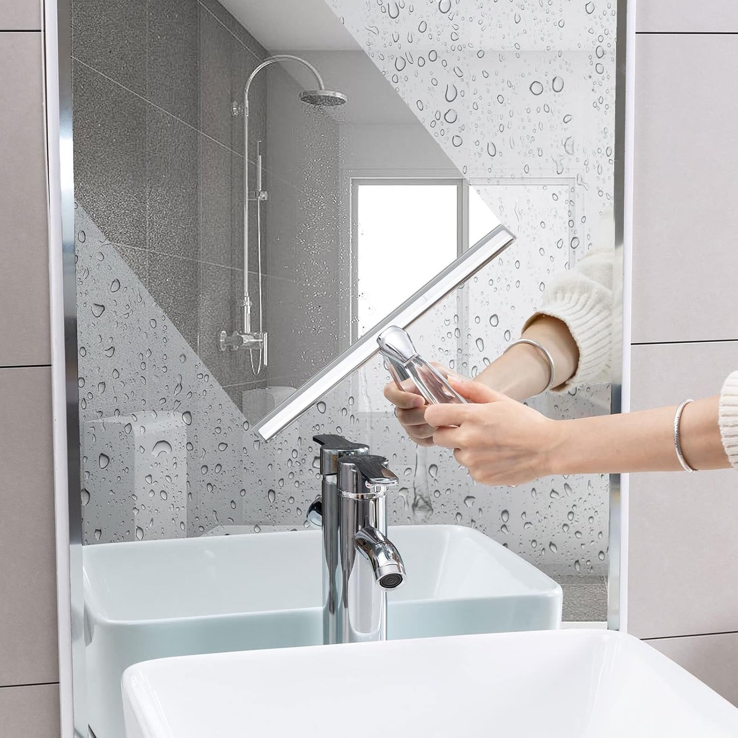 Ettori Shower Squeegee Clear Glass Wall Cleaner Stainless Steel with Suction Storage Hook -10'', Chrome
