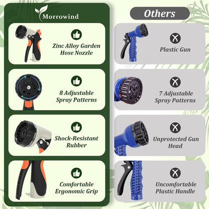 Garden Hose Nozzle, Heavy Duty Metal Water Nozzle with 8 Adjustable Spray Patterns, High Pressure Ergonomic Flow Control for Watering Plants, Lawns, Washing Cars, Pets, Black with Green