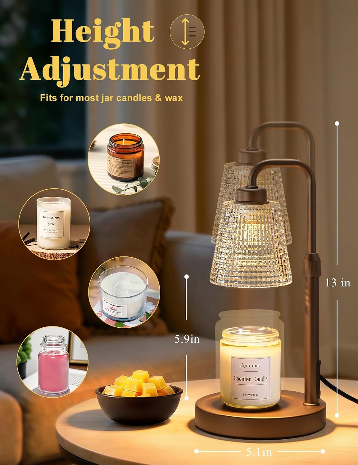 Candle Warmer Lamp with Timer Dimmable, Wax Warmer for Scented Jar Candles, Adjustable Height Candle Lamp for Home Decor, Birthday Gifts for Women Mom House Warming Gifts, Matte Black