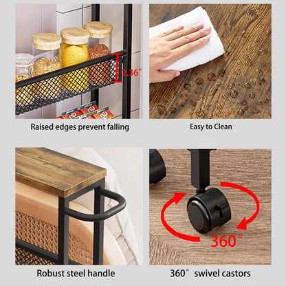 AZERPIAN Slim Rolling Cart 4 Tier Narrow Storage Cart on Wheels with MDF Board Top and Metal Handle for Small Space Kitchen Living Room Home Office Pantry Bathroom Laundry Room(16.54×5.12×30.31 inch)