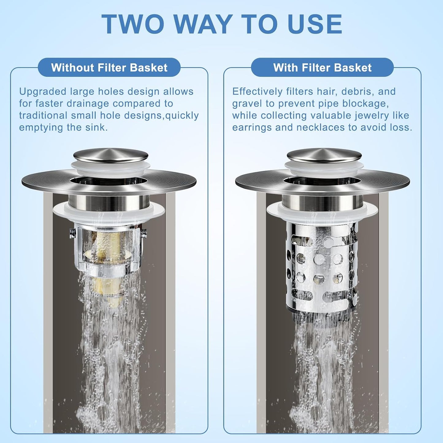 Upgraded 3 in 1 Bathroom Sink Drain Strainer, Universal Pop Up Stopper with Removable Stainless Steel Filter Basket Hair Catcher, Sink Plug for 1.1''~2.36'' Basin, Brushed Nickel Finish (2PC)