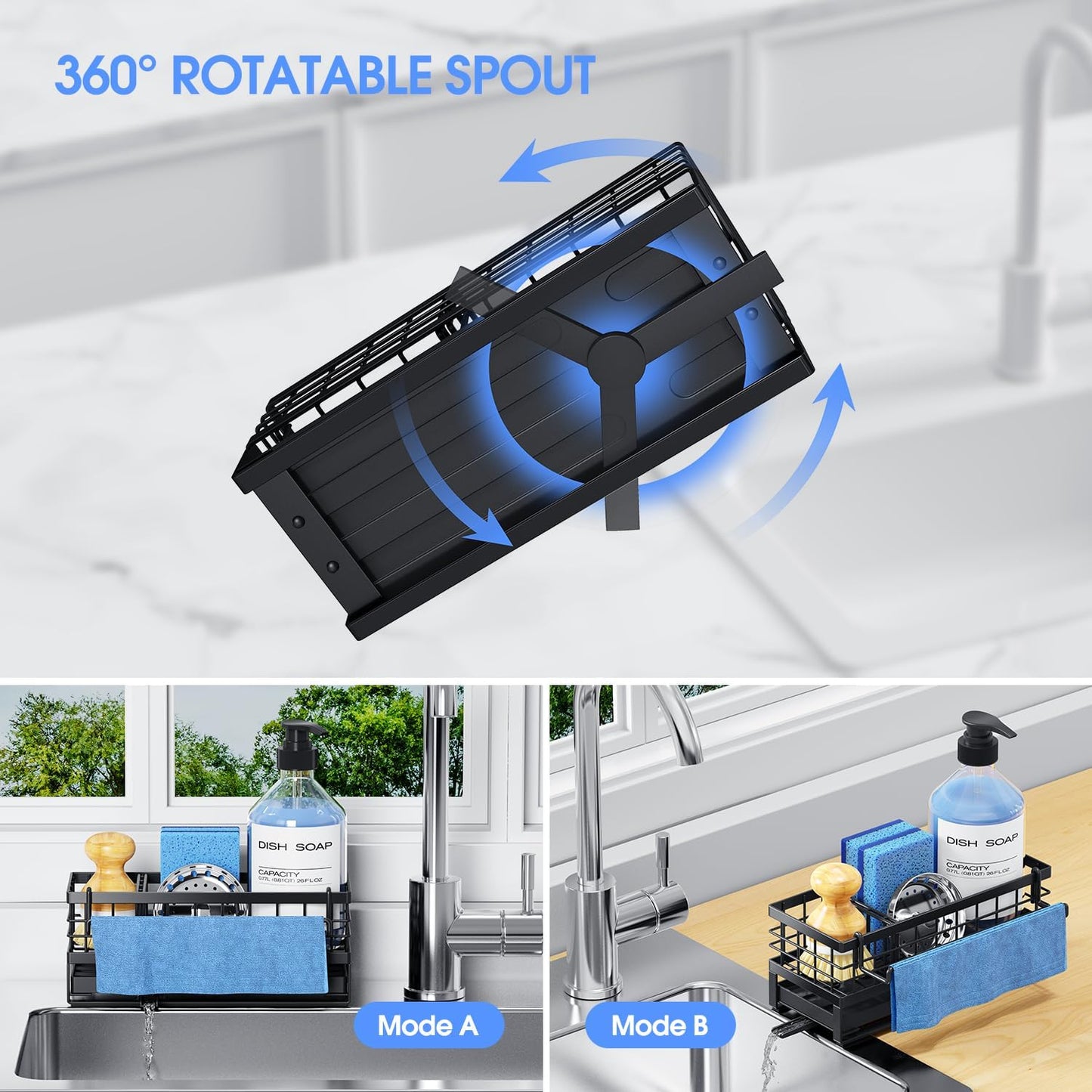 Kitchen Sink Sponge Holder, Rustproof Non-Slip Self-Draining Metal Sink Caddy with Detachable Dish Cloth Holder (Black)