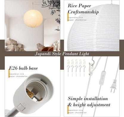Paper Lantern Lamp Plug in Hanging Lamp 23.6in Off-White Rice Paper Pendant Light with 19.7FT Cord Large Globe Japanese Japandi Wabi Sabi Chandelier for Dining Living Room Bedroom 1 Pack