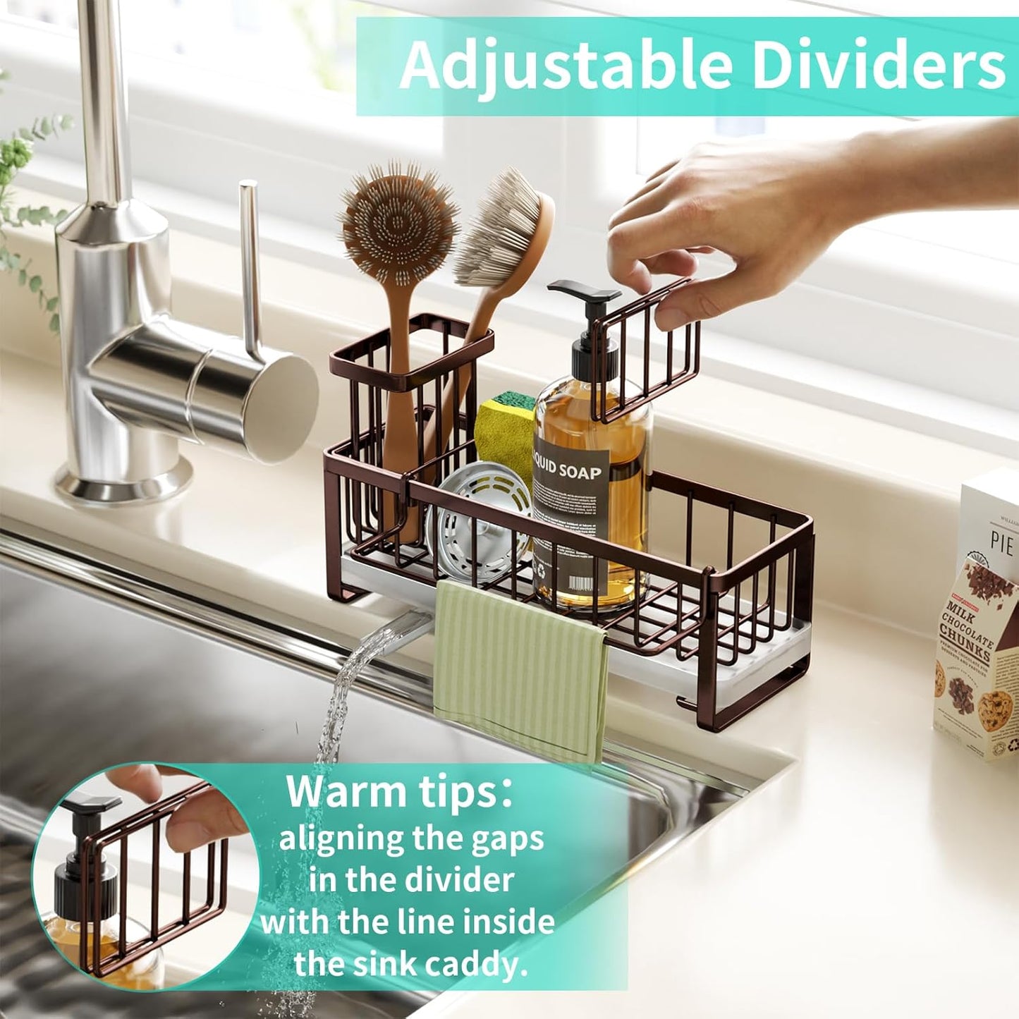 HapiRm Sponge Holder for Kitchen Sink - Self-draining Sink Caddy with Brush and Dishcloth Holders, Stainless Steel Kitchen Countertop Organizers and Storage Essentials - Black