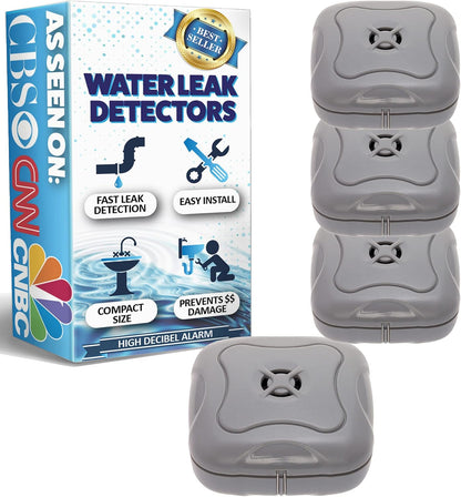 4 Pack Water Leak Detector - 95 dB Flood Detection Alarm Sensor for Bathrooms, Basements, Laundry Rooms, Garages, Attics and Kitchens by Mindful Design (Grey)