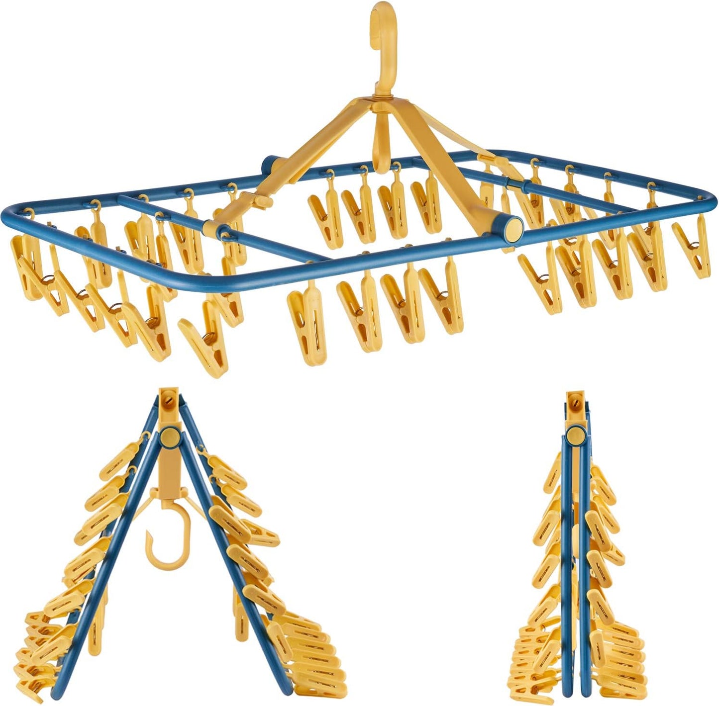 Foshine Foldable Clip Hangers Plastic Blue with 32Pcs Drying Clips | Drip Hanger Foldable Wind-Proof Hook For Underwear Socks Bras Lingerie Clothes