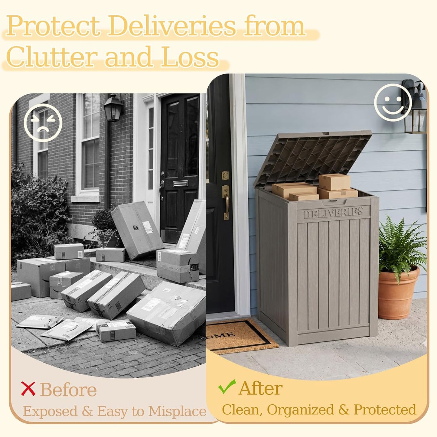Outdoor Storage Box, 90 Gallon Package Delivery Boxes for Outside, with Lockable Secure, Deck Box Outdoor Waterproof for Entryway, Front Porch, Backyard, Garden, Patio, Lawn, Black
