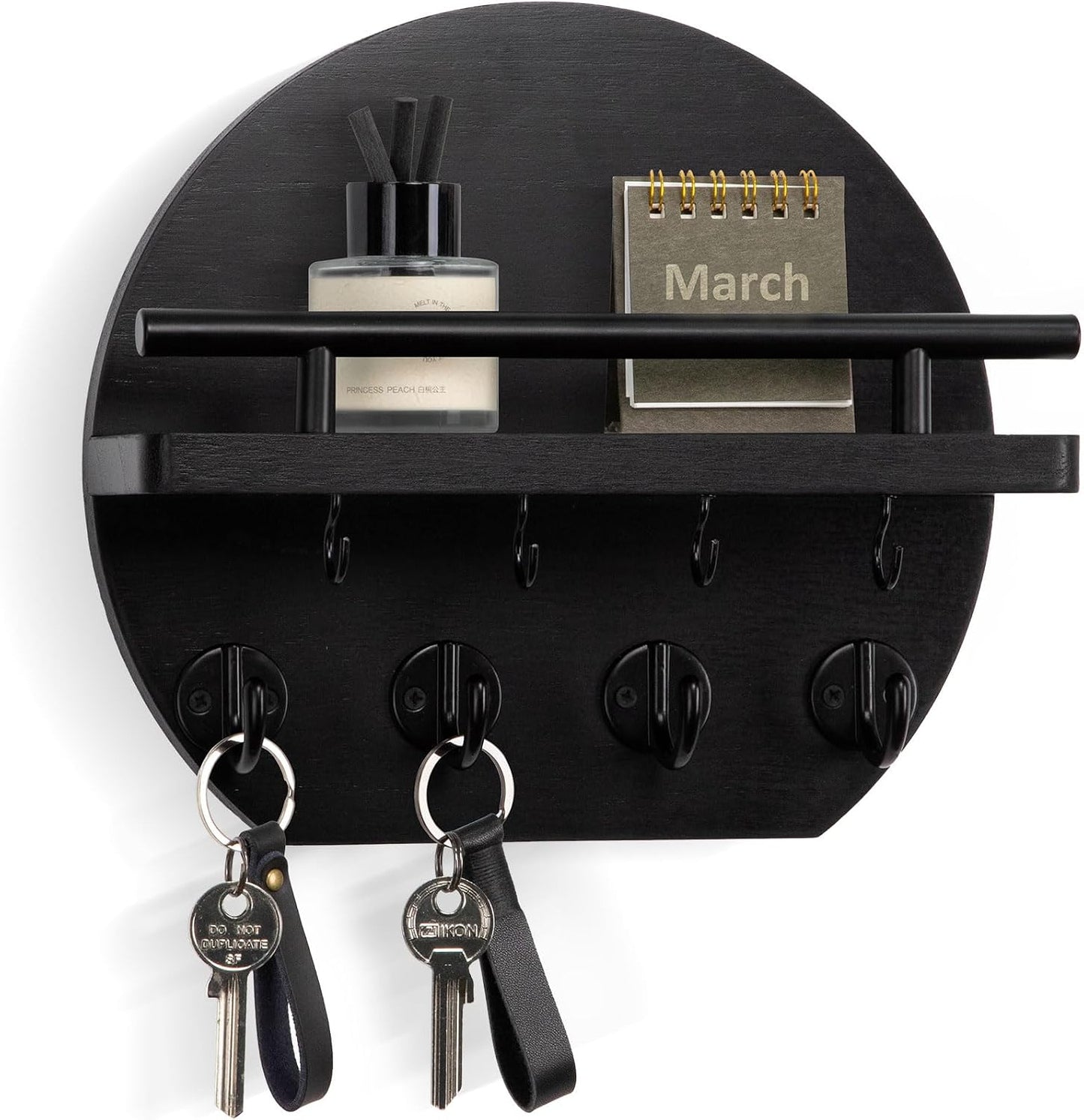 Nekon Key Holder for Wall - 9.8 Inch Apartment Wall Decor with Shelf and 8 Key Hooks, Circular Wood Key Hanger for Home Decor (Black with Golden Hooks)