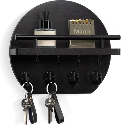 Nekon Key Holder for Wall - 9.8 Inch Apartment Wall Decor with Shelf and 8 Key Hooks, Circular Wood Key Hanger for Home Decor (Black with Golden Hooks)