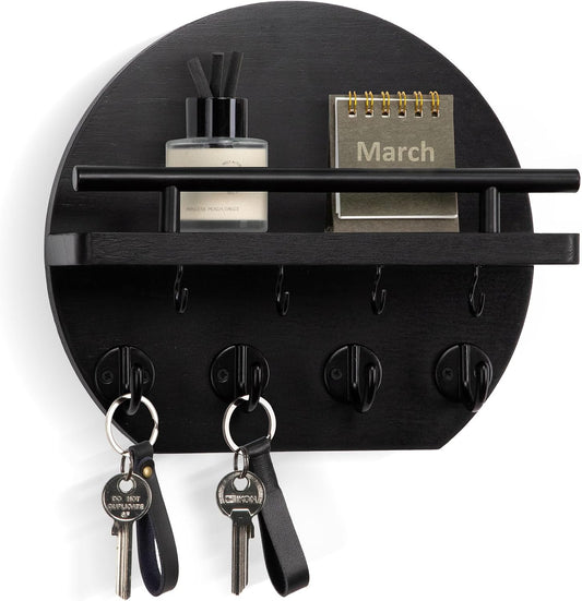 Nekon Key Holder for Wall - 9.8 Inch Apartment Wall Decor with Shelf and 8 Key Hooks, Circular Wood Key Hanger for Home Decor (Black with Golden Hooks)