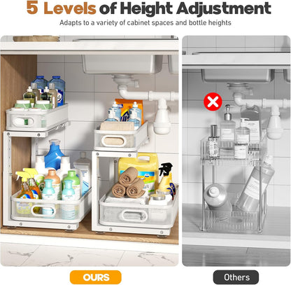 2 Pack Under Sink Organizer With Smooth Cylindrical Rail,2-Tier Pull Out Multi-Purpose Cabinet Storage for Bathroom&Kitchen,Height Adjustable,Rust-resistant Coating-White
