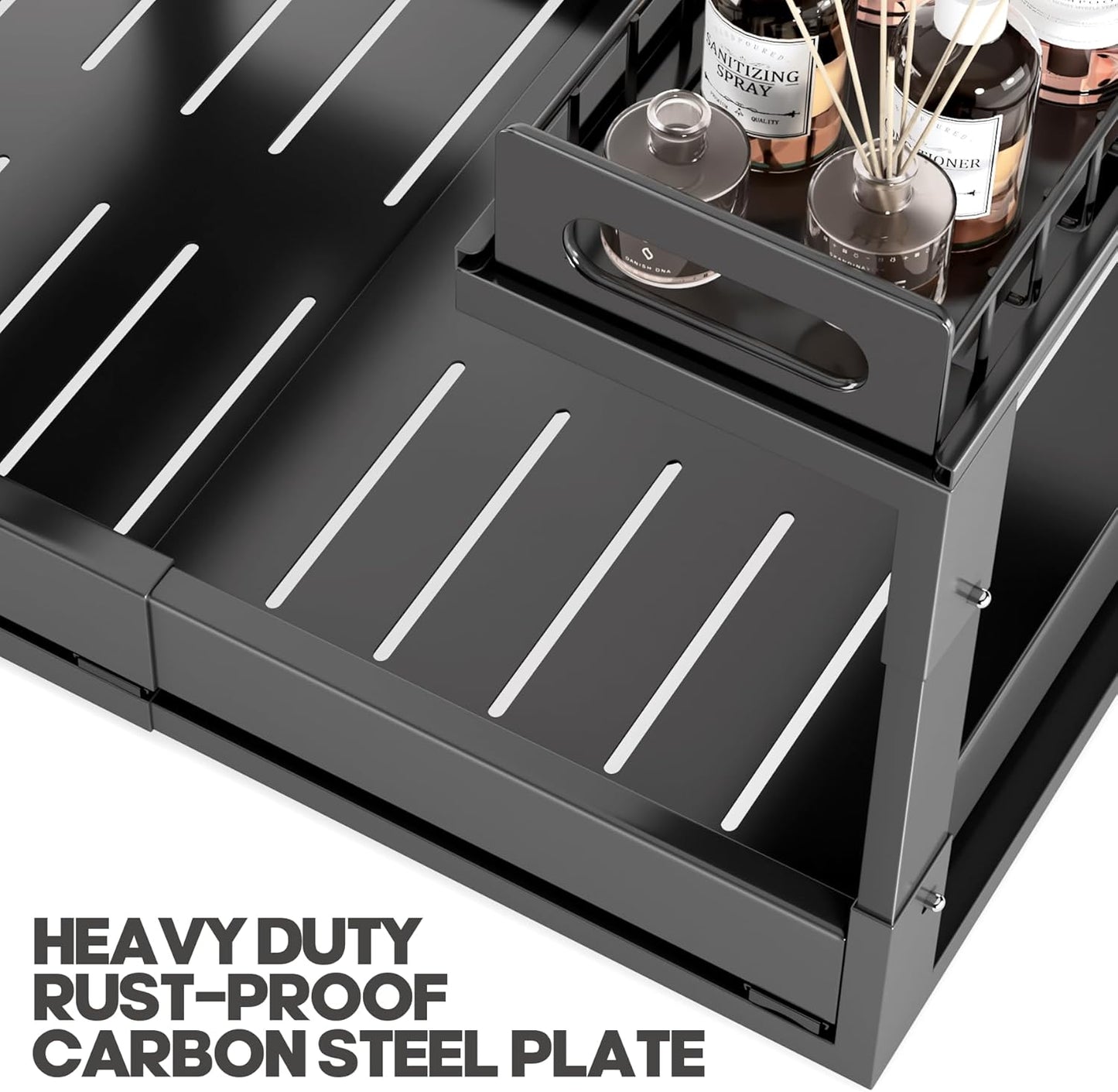 1 Pack Expandable Under Sink Organizers And Storage With Upgrade Ball-Bearing Slide Tracks,2-Tier Pull Out Under Cabinet Organizer Height Adjustable,Slide Out Under Sink Drawers-Black(Patent Pending)