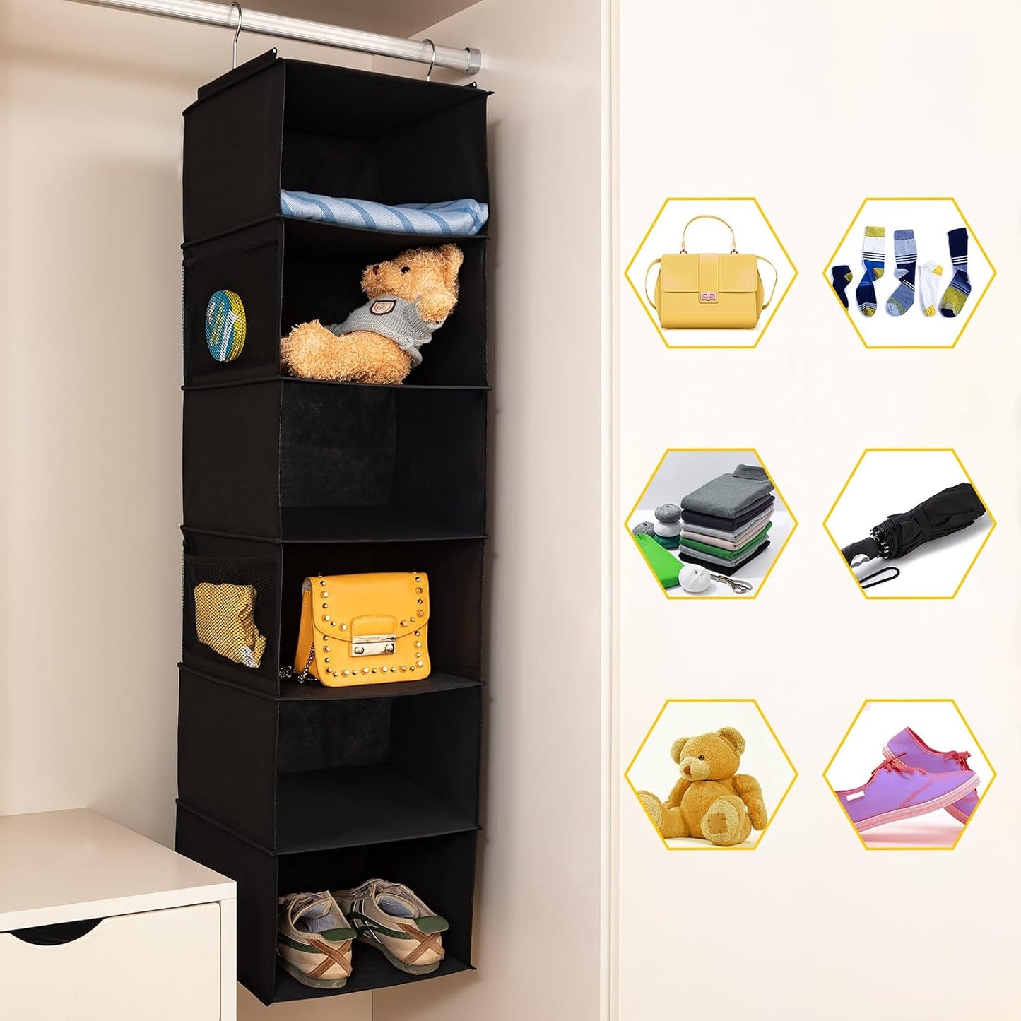 BrilliantJo 2 Pack Hanging Closet Organizer, 5 Shelves Hanging Storage with 6 Side Pockets for Clothes Shoes, 43"x12"x12"(Black)