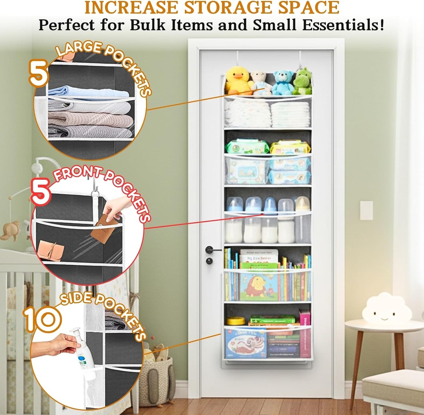 Over The Door Organizer, 5-Tier Extra Large Behind Door Storage with 10 Big Front & 10 Mesh Pockets, 80lb Capacity, Hanging Storage Organizer with Clear Window Kids Toys, Shoes, Diapers, Light Grey