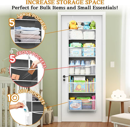 Over The Door Organizer, 5-Tier Extra Large Behind Door Storage with 10 Big Front & 10 Mesh Pockets, 80lb Capacity, Hanging Storage Organizer with Clear Window Kids Toys, Shoes, Diapers, Light Grey
