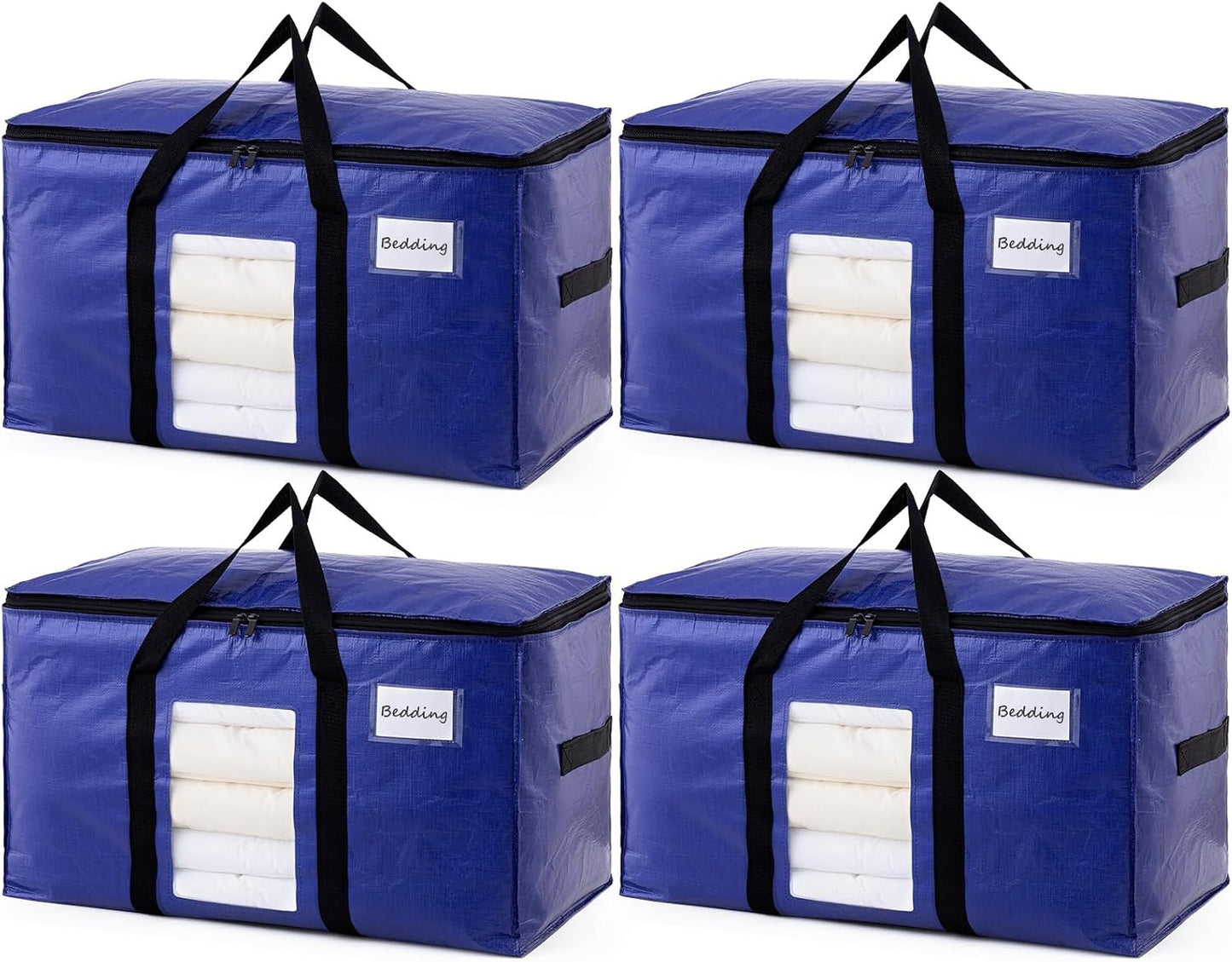 TAILI Extra Large Moving Bags, 4 Pack Blue Heavy Duty Totes For Storage with Visible Window, Wrap Around Handles, Storage Bags for Space Saving, Alternative to Moving Boxes