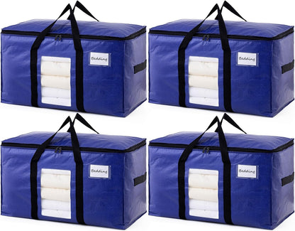 TAILI Extra Large Moving Bags, 4 Pack Blue Heavy Duty Totes For Storage with Visible Window, Wrap Around Handles, Storage Bags for Space Saving, Alternative to Moving Boxes
