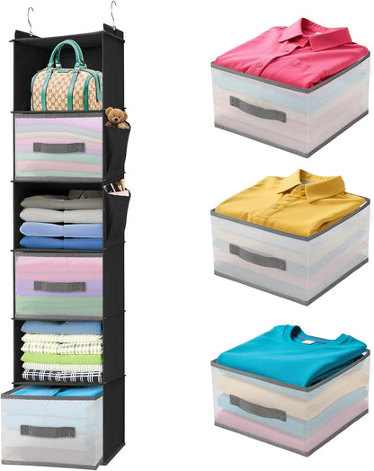 6-Shelf Hanging Closet Organizer with 3 Drawers & Side Pockets, Gray | Non-woven fabric, tool-free setup, ideal for bedrooms/dorms/RVs, 3 foldable transparent drawers for easy access
