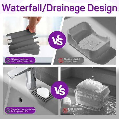 2 Pcs Self Draining Silicone Soap Holder - Waterfall Design Soap Dishes for Bathroom, Keeps Soap Bars Dry & Clean,White