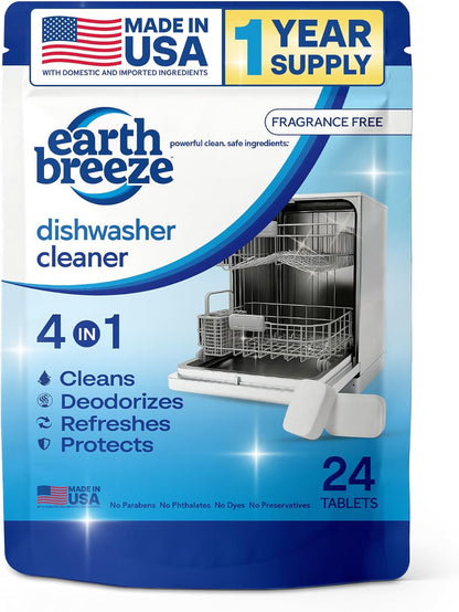 Earth Breeze Dishwasher Cleaner Tablets – 4-in-1 Cleans, Deodorizes, Refreshes & Protects – Removes Odor, Buildup & Residue – Fragrance Free, No Harsh Chemicals, Safe for All Dishwashers - Made in USA