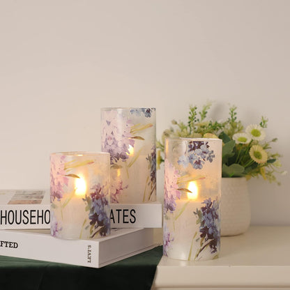 Glass Flameless Candles Flickering Battery Operated LED Pillar Candles Set of 3 with Timer and and 10-Key Remote Green Branch Floral Spring Summer Theme for Wedding Festival Home Decoration