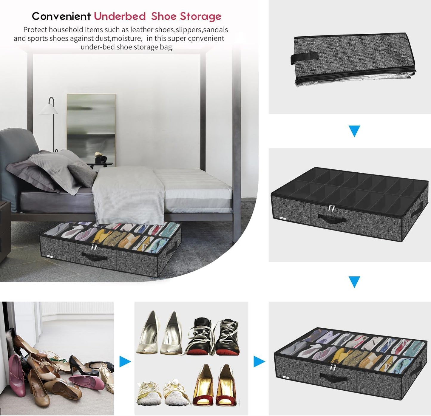 Onlyeasy Sturdy Under Bed Shoe Storage Organizer, Set of 2, Fit 12 to 24 Pairs, Underbed Shoes Closet Storage Solution with Clear Window, Breathable, L29.3 x W23.6 x H5.9, Linen-like Black, MXAUBSB2P