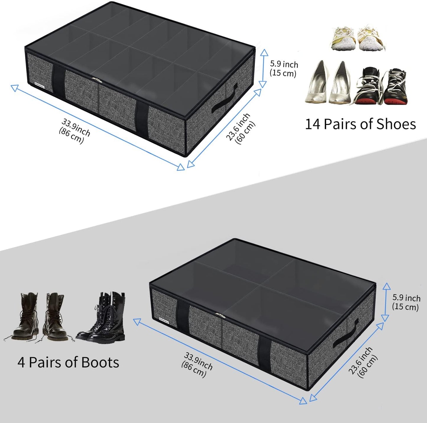 Onlyeasy Sturdy Under Bed Shoe Storage Organizer, Set of 2, Fit 12 to 24 Pairs, Underbed Shoes Closet Storage Solution with Clear Window, Breathable, L29.3 x W23.6 x H5.9, Linen-like Black, MXAUBSB2P