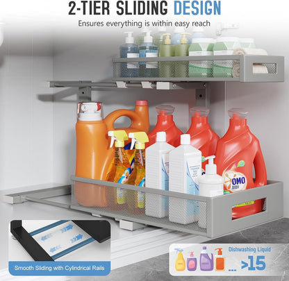 2-Pack Under Sink Storage Organizer, Large 2-Tier Elegant Mesh Pull Out Shelf for Kitchen and Bathroom Cabinet Organization, L-Shaped and Adjustable Height Design,Patent Pending-Black
