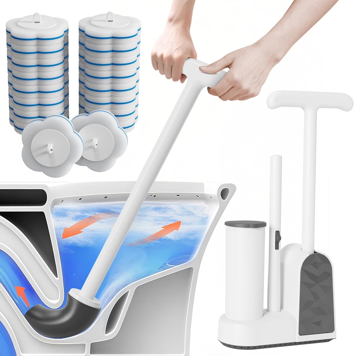Disposable Toilet Brush and Plunger Set, Dual Handdle Toilet Plunger, All-in-1 Bathroom Cleaning Kit with 18PCS Refills, Toilet Cleaning Stick and Ventilated Holder