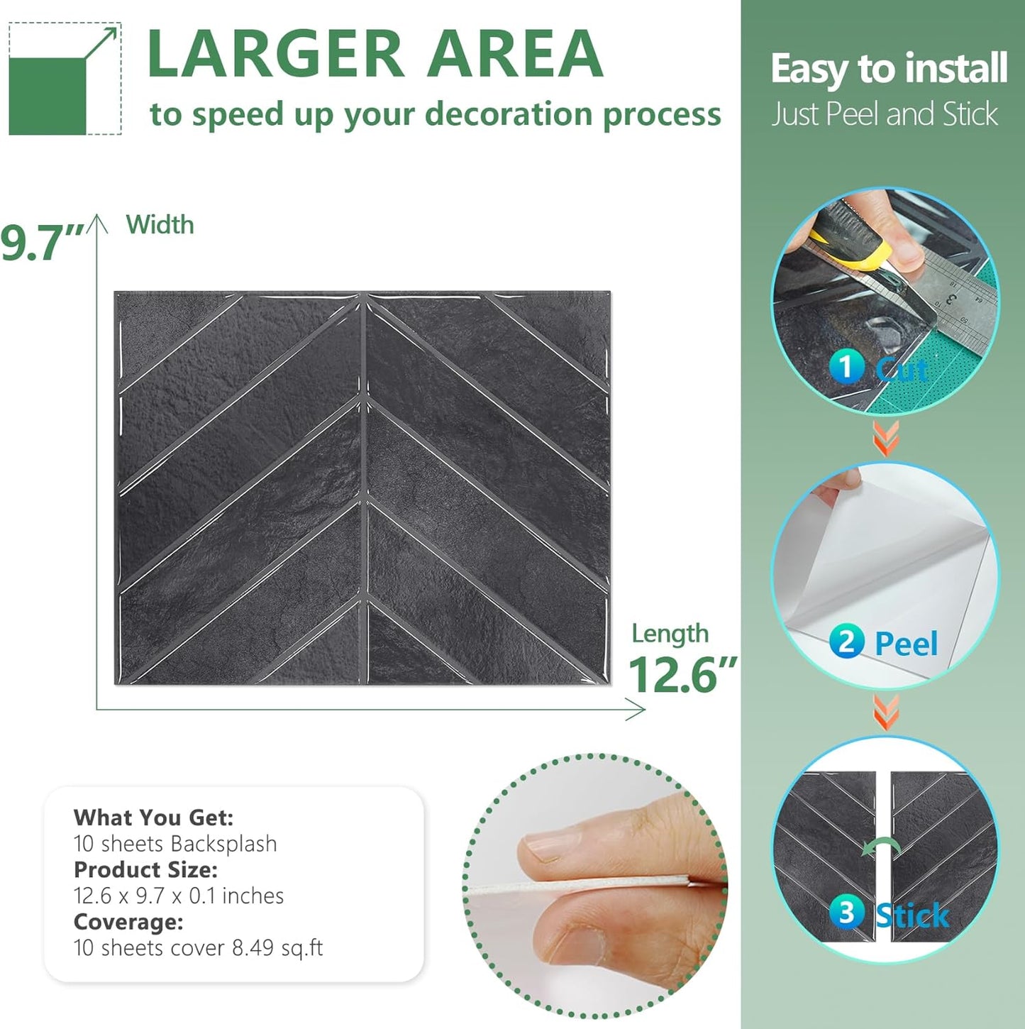 STICKGOO 10 Sheets Thicker Herringbone Peel and Stick Backsplash, 12.6”×9.7” Stick on Wall Tiles, Self Adhesive Tile Sticker for Kitchen Backsplash and Bathroom, White with Grey Grout