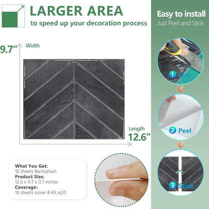 STICKGOO 10 Sheets Thicker Herringbone Peel and Stick Backsplash, 12.6”×9.7” Stick on Wall Tiles, Self Adhesive Tile Sticker for Kitchen Backsplash and Bathroom, White with Grey Grout