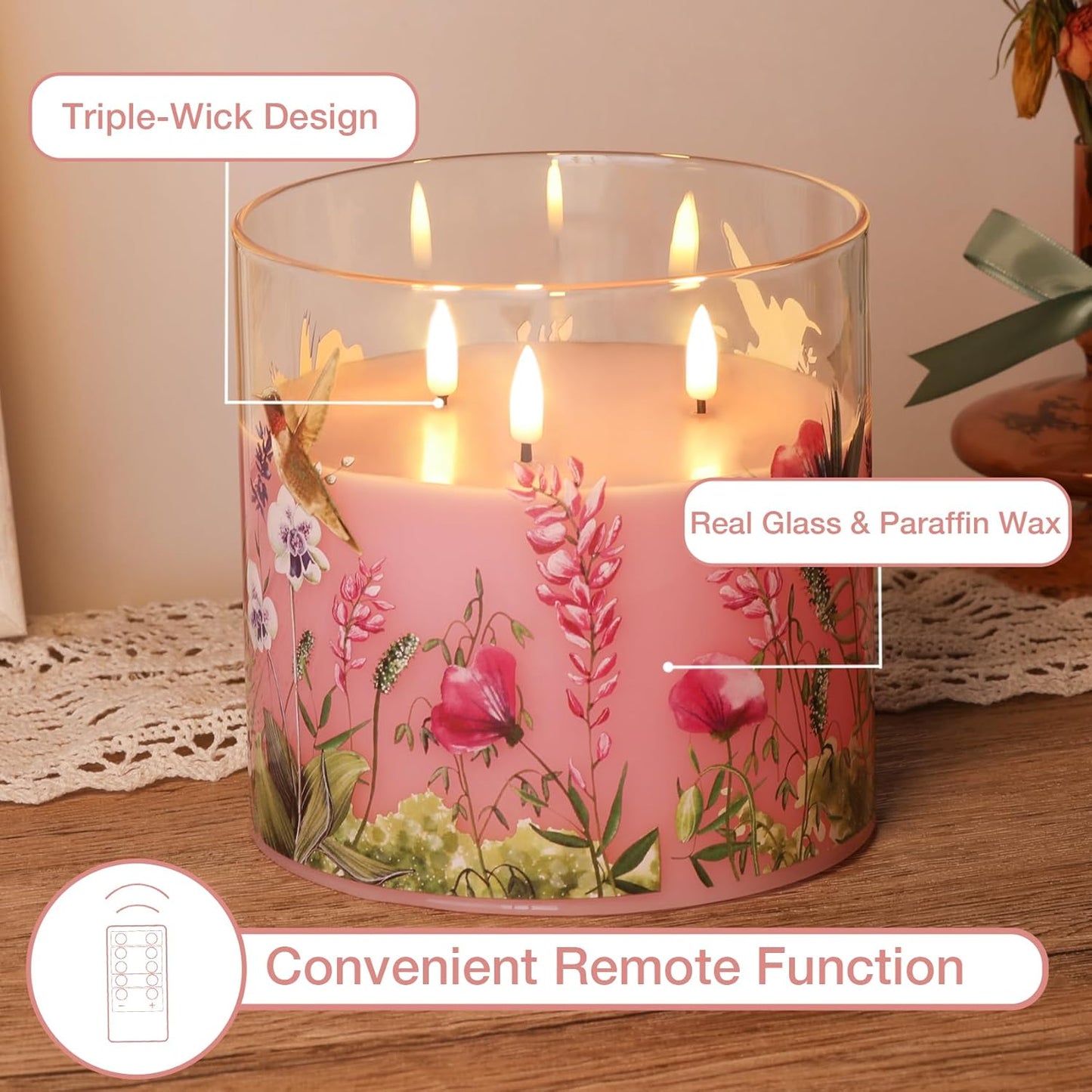 Eywamage 3 Wick Smoke Grey Glass Flameless LED Candle with Remote, Flickering Large Battery Pillar Candle Decor Φ 6" H 6"