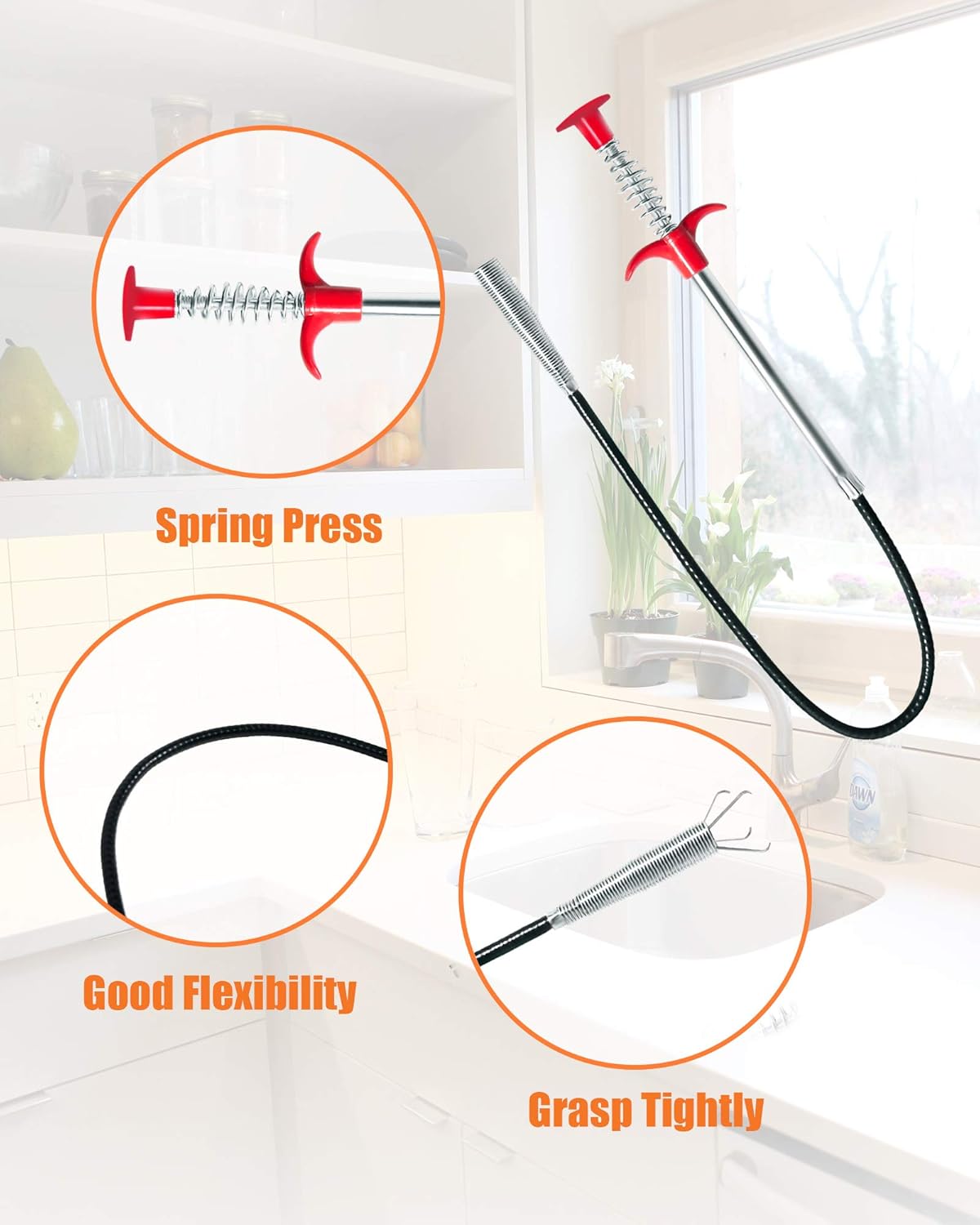 Hair Drain Clog Remover Tool – 6 × 25-Inch Sink Snake + 1 × 24-Inch Drain Cleaner Tool, Plumbing Snake for Shower, Toilet, Kitchen Sink & Tub – 7-Piece Hair Removal Tool Set