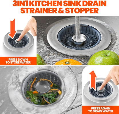 2 Pack Sink Drain Strainer - Sink Stopper, 3 in 1 Stainless Steel Kitchen Drain Plug with Deep Anti-Clog Basket and Odor-Blocking Seal, Pop-Up Design Fits Standard 3-1/2 Inch Sink